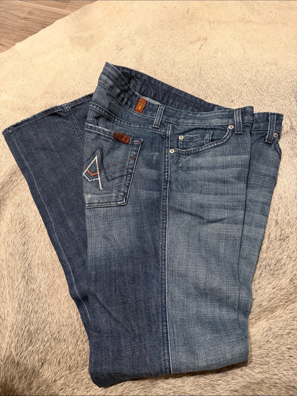 7 For All Mankind Two-Tone Blue Boot Cut Jeans
